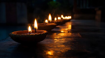 Rows of traditional Diwali oil lamps known as diyas glowing with warm light during an Indian cultural festival The diyas symbolize the triumph of light over darkness knowledge over ignorance