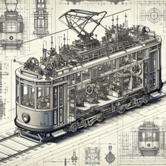 99 Blueprint Tram A technical drawing of a tram showing its inte