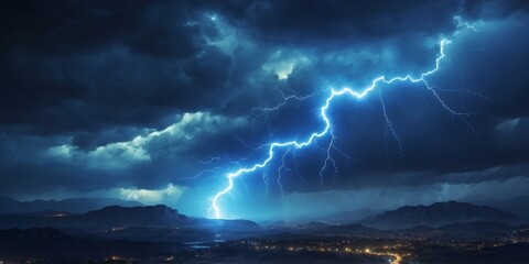 A bright blue lightning bolt illuminates the dark sky.