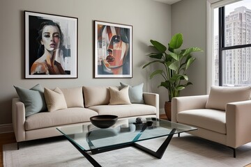 Fototapeta premium Elegant Modern Glass Coffee Table in Urban Living Space with Soft Beige Sofa and Contemporary Portraits