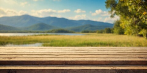 Empty wooden table with planks and blurry nature background.