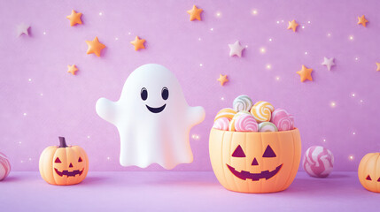 Fototapeta premium Adorable pastel Halloween card with a friendly ghost and candy bucket, surrounded by stars, on a soft pastel lavender backdrop.