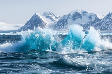 A large blue iceberg floats in the ocean with white capped waves and snow-capped mountains in the background.