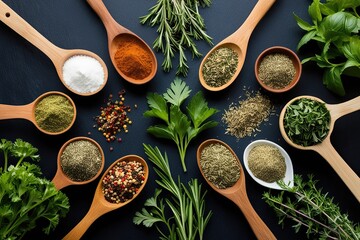 Aerial View of Fresh Herbs and Spices for Flavorful Cooking, Nutrient Power and Culinary Health