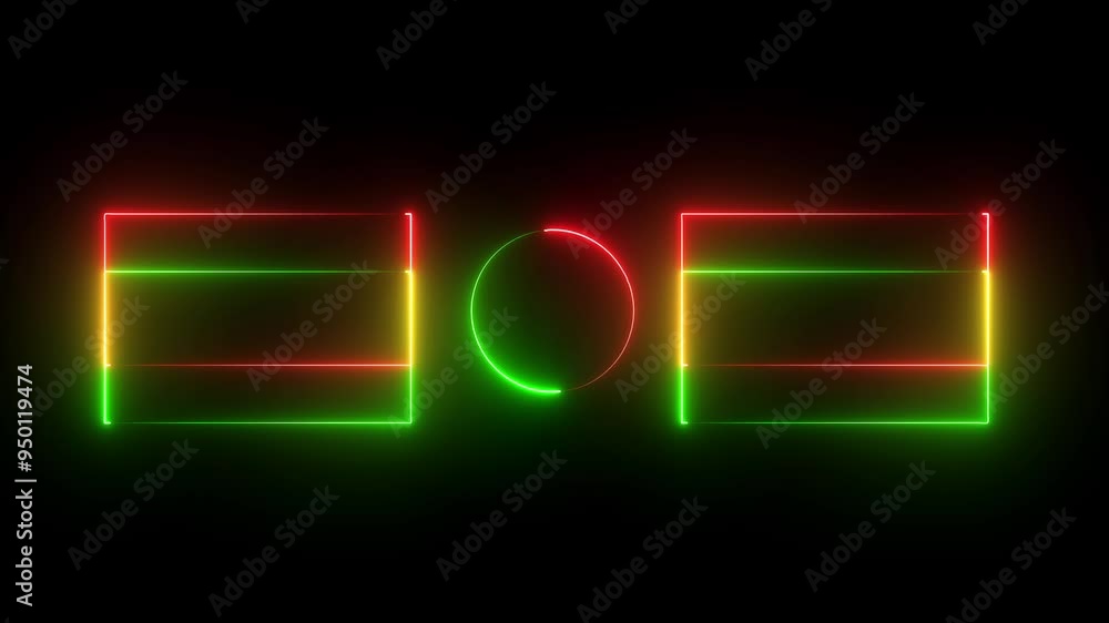Poster double red & green color glowing neon end screen frame isolated on black background, seamless loop. 