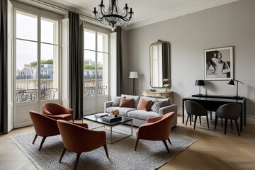 Fototapeta premium Elegant Parisian Studio with Minimalist Lounge Charm and Stylish Decor