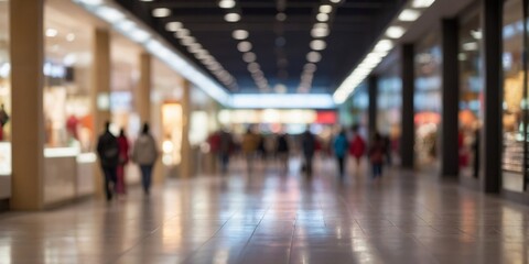 Fototapeta premium A blurred view of a shopping mall corridor with illuminated storefronts.