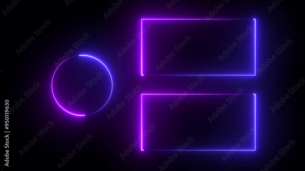 Poster animation of rectangle glowing neon frame with neon circle on black background. neon abstract rectan