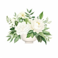 A beautiful watercolor illustration of white flowers and green leaves arranged in a vase perfect for wedding invitations, greeting cards, and home decor,