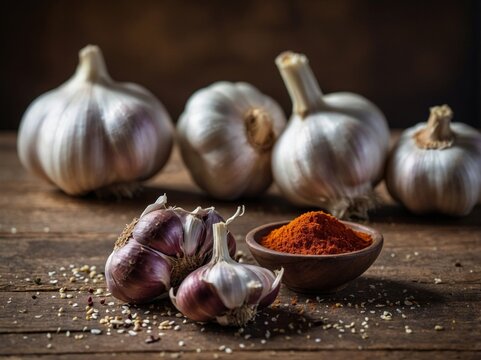 Fresh garlic and spices on a rustic kitchen table.