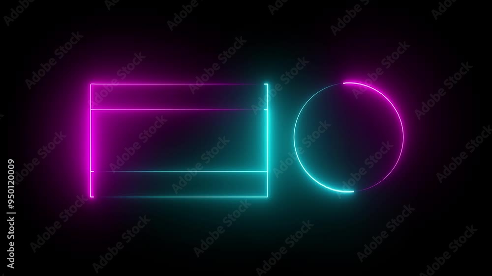 Poster cyan and purple color neon end screen frame isolated on black background, seamless loop. animation o