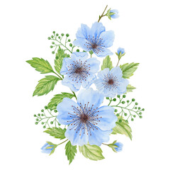 Bouquet of blue cherry flowers watercolor illustration white background