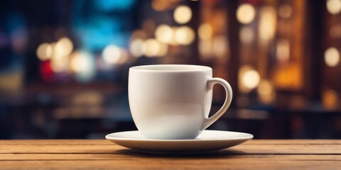 White Coffee Cup on Wooden Table with Theater Background.