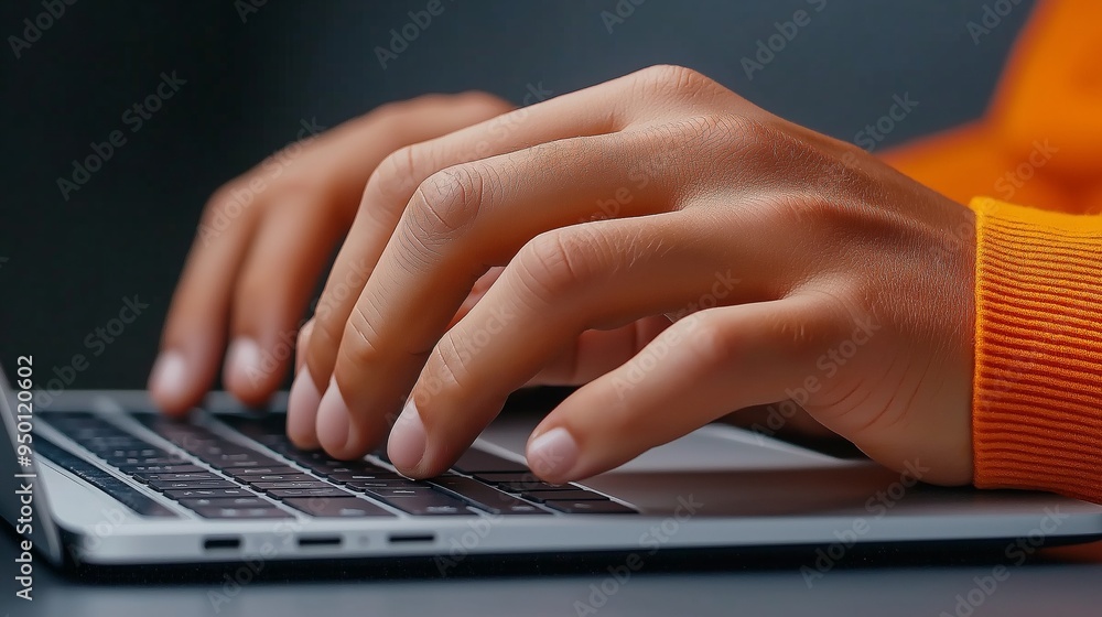 Poster a person is typing on a laptop with their hand on the keyboard. concept of productivity and focus, a