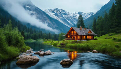 A peaceful riverside scene featuring a cozy wooden cabin nestled in a lush, green valley