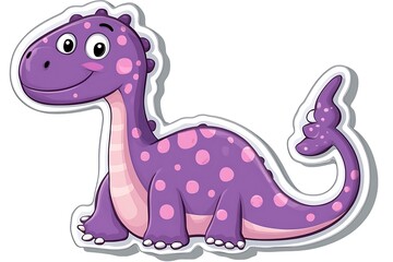 Naklejka premium Cute Cartoon Purple Dinosaur Sticker with Pink Polka Dots on White Background - Joyful and Playful Character Drawing