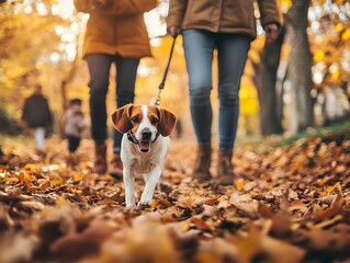 A dog is walking on a path with people behind it