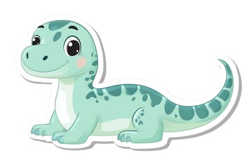 Fototapeta premium Adorable Cartoon Dinosaur Sticker Design in Light Green with Blue Stripes on White Background, Cute and Playful Character for Kids' Projects
