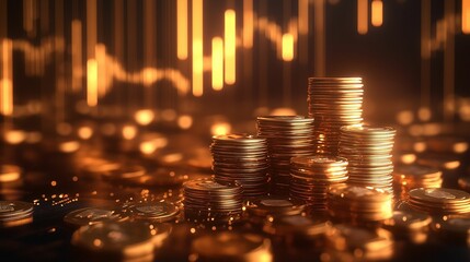 Golden coins stacked in piles against a background of glowing financial data and charts.