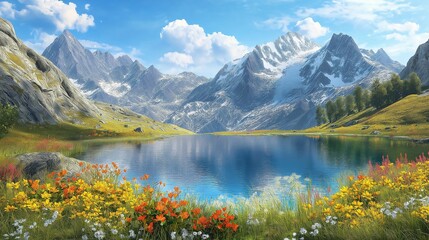 Fototapeta premium Serene alpine lake surrounded by vibrant wildflowers and towering snow-capped mountains.