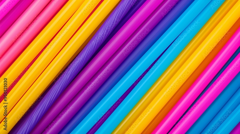 Poster a row of colorful straws in a rainbow pattern. the colors are bright and vibrant, creating a cheerfu