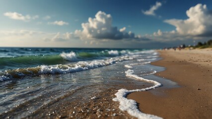 A beach with a wave approaching the shore and a blue sky adorned with white clouds.