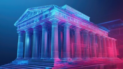 Obraz premium Abstract digital Parthenon with vibrant blue and pink hues, representing a futuristic take on classical architecture