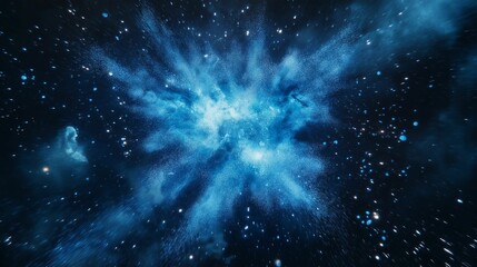 A vibrant abstract depiction of a cosmic explosion, featuring bright blue and white bursts of energy against a starry deep space background.