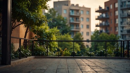 Obraz premium Urban balcony with leafy view and spacious design.