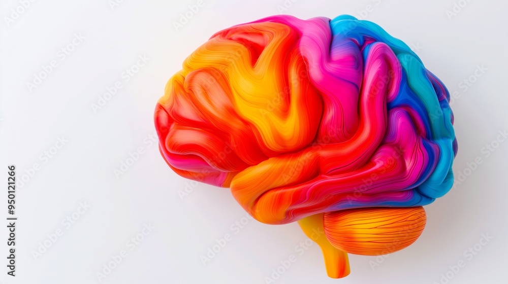 Aufkleber a colorful brain with a yellow stem. the brain is made of plastic and is very colorful. it is a repr