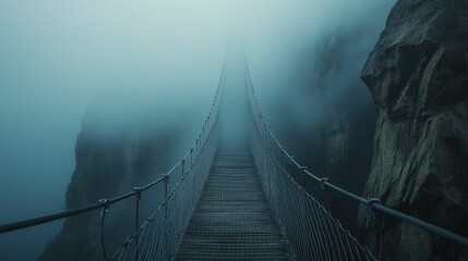 Fototapeta premium A mysterious suspension bridge stretches across a rocky chasm, shrouded in dense fog.