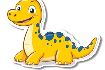 Cheerful Cartoon Dinosaur Sticker on White Background with Yellow Body and Blue Spots, Joyful Expression and Minimalist Design