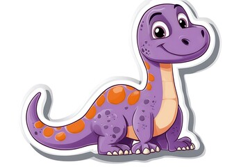 Fototapeta premium Cute Purple Cartoon Dinosaur Sticker on White Background with Playful Expression | Adorable Dino Character Design for Kids' Projects