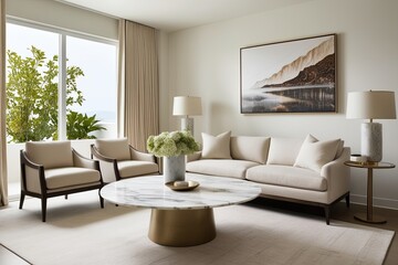 Fototapeta premium Stunning Marble Coffee Table and Beige Loveseat in a Tranquil Modern Living Room Design