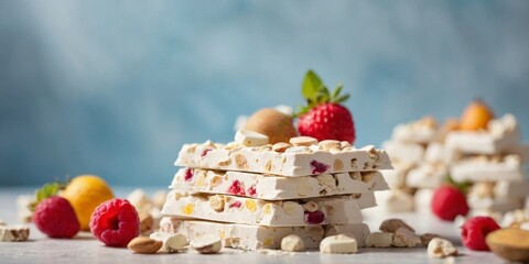 White nougat snack bars with fruits in front of studio background.
