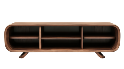 A minimalist, mid-century modern wooden media console with sleek lines and a warm, inviting appeal, perfect for a stylish living room. 