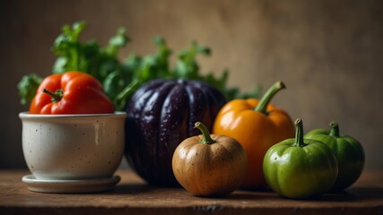 Various fresh vegetables artistically arranged on vintage kitchenware.