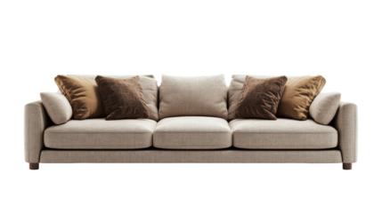 A modern beige sofa with four brown cushions on a transparent background. The neutral tones and minimalist design create a sense of calm and relaxation.  