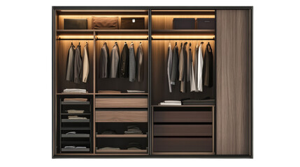This modern and sleek walk-in closet is meticulously organized, showcasing a man's wardrobe with illuminated shelves and drawers.