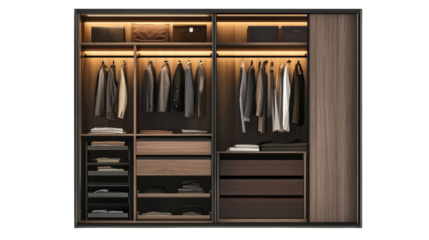 This modern and sleek walk-in closet is meticulously organized, showcasing a man's wardrobe with illuminated shelves and drawers.  
