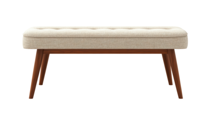A modern and stylish beige bench with button tufted upholstery and sleek wooden legs, perfect for adding a touch of elegance to any room.  
