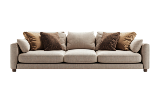 A modern beige sofa with four brown cushions on a transparent background. The neutral tones and minimalist design create a sense of calm and relaxation.  