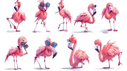 Obraz premium A playful illustration of pink flamingos in various poses and styles.