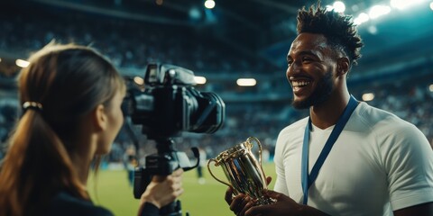 Proud athlete holding trophy and being interviewed by a journalist, the bright stadium lights highlighting the celebratory atmosphere.