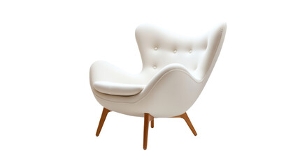 A white modern armchair with a wooden base, providing a sense of comfort and relaxation. The sleek design complements various interior styles. 