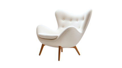 A white modern armchair with a wooden base, providing a sense of comfort and relaxation. The sleek design complements various interior styles. 