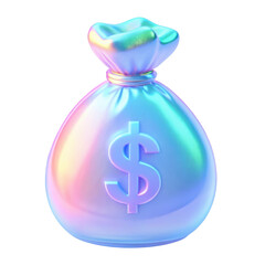 Holographic 3D money bag icon illustration with iridescent colors and a modern, glossy effect. Isolated on transparent background, png.