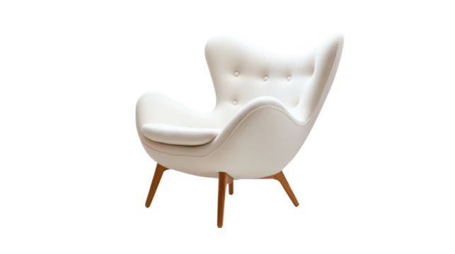 A white modern armchair with a wooden base, providing a sense of comfort and relaxation. The sleek design complements various interior styles. 
