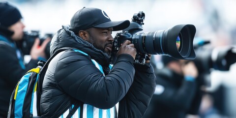 Dedicated sports journalist captures the action with a powerful telephoto lens, focusing intently on the moment during game.