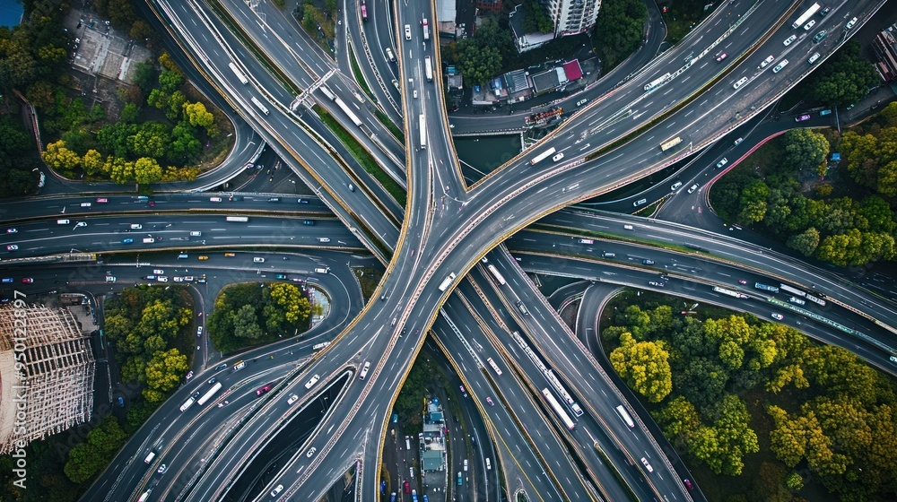 Poster aerial view of a complex highway interchange with traffic